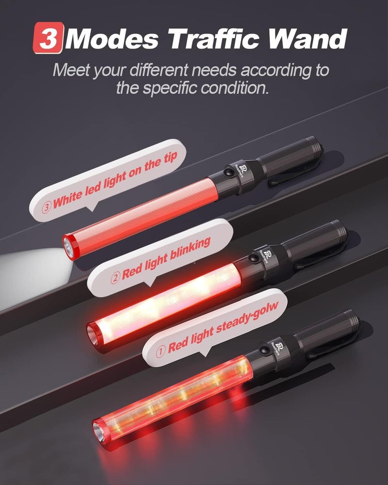 RoadHero 6 Pack Traffic Wands, 16 Inch Led Traffic Control Baton, Night Safety Light Wand with 3 Flashing Modes, Air Marshaling Signal Wand Plus White LED on Tip for Airport, Parking, Car Directing - Image 5